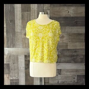 Joie lime green floral damask linen top medium tropical resortwear festival boho